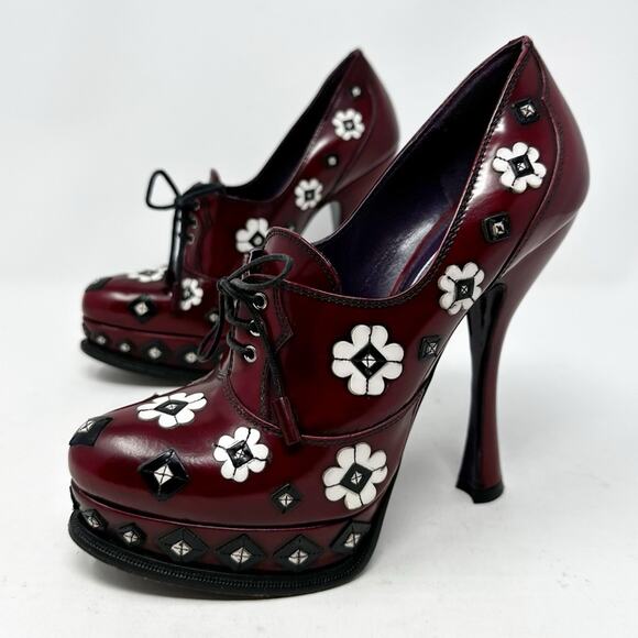 Prada Spazzolato Floral Studded Platform Lace Up Heels Womens Size EU 37.5 - Picture 2 of 13